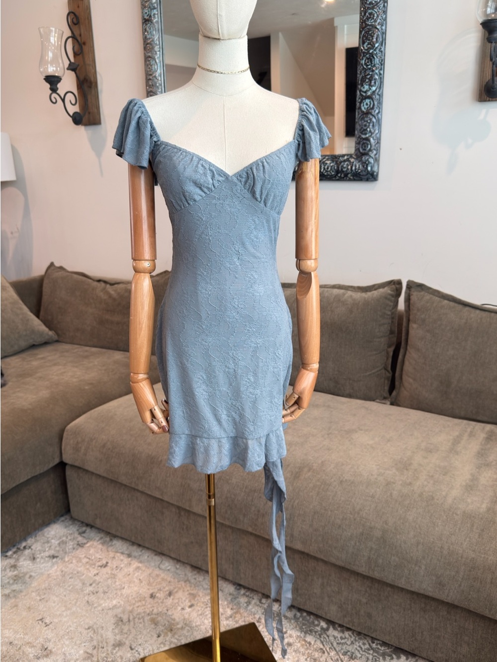 WeWoreWhat Asymmetrical Lace Mini Dress Dusty Blue | Size M